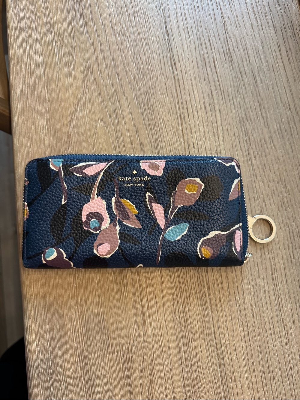 kate spade navy floral zip-around wallet with gold trim